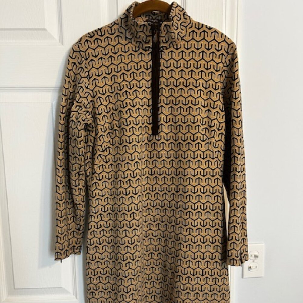 J. McLaughlin Dress Large 3/4 Zip Geometric Print Tan Black White Shift